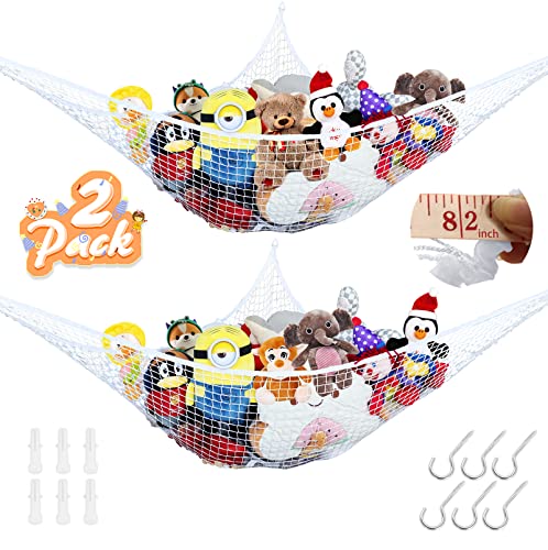 BESTBEL 82 IN Large Stuffed Animal Net Strong Toy Hammock for Stuffed Animals Organizer Storage Jumbo Toy Net Hammock with Hooks Sturdy Plushie Hammock for Hanging Toy Storage 2 Pack