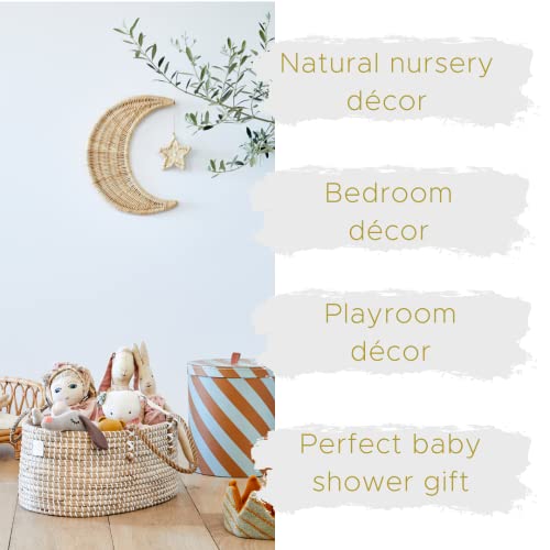 BEBE BASK Handmade Rattan Moon Wall Décor with Hanging Star - Moon Decor - 100% Natural Organic Rattan Moon Decor for The Boho Nursery - Moon and Stars Nursery Décor - Stars and Moon Nursery Décor