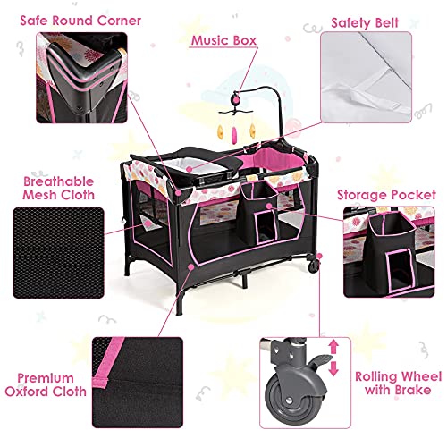 HONEY JOY Pack and Play, 4 in 1 Baby Bedside Sleeper w/Diaper Changing Table & Storage Bag, Toy Rack & Music Box, Portable Baby Playard with Bassinet, Carry Bag for Newborn to Toddlers (Rose)