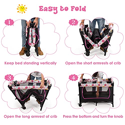 HONEY JOY Pack and Play, 4 in 1 Baby Bedside Sleeper w/Diaper Changing Table & Storage Bag, Toy Rack & Music Box, Portable Baby Playard with Bassinet, Carry Bag for Newborn to Toddlers (Rose)