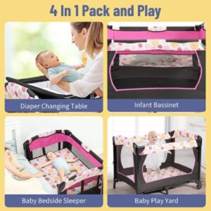 HONEY JOY Pack and Play, 4 in 1 Baby Bedside Sleeper w/Diaper Changing Table & Storage Bag, Toy Rack & Music Box, Portable Baby Playard with Bassinet, Carry Bag for Newborn to Toddlers (Rose)