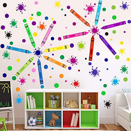 192 Pieces Crayon Wall Decals Splatter Wall Sticker and Multicolor Paint Wall Decals Crayon Splotches Polka Dot Nursery Decors Sticker for Home Nursery Classroom School Wall Decoration