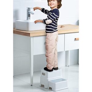 Victostar 2 Step Stool for Kids, Anti-Slip Sturdy Toddler Two Step Stool for Toilet Potty Training, Bathroom,Kitchen(Grey-White)