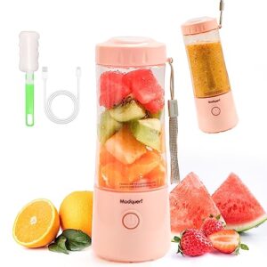 modquen portable blender, 14 oz personal size blender for shakes and smoothies, 220 watt bpa-free mini blender cup, usb rechargeable cordless blenders (pink)
