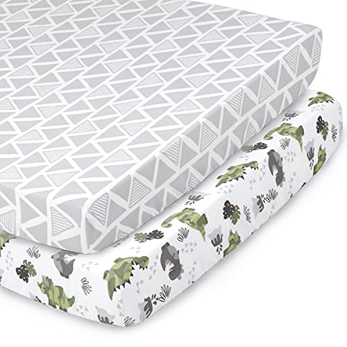 The Peanutshell Fitted Pack n Play, Playard, Mini Crib Sheets for Baby Boys | 2 Pack Set | Camo Dinosaur & Tribal Print