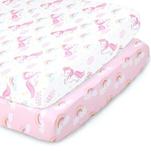 the peanutshell mini crib sheet set for baby girls - 2 pack set for mini crib, pack n play, playard - pink unicorn & rainbow
