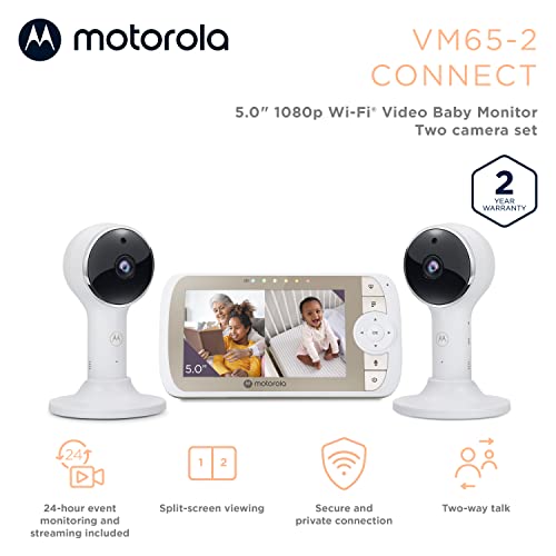 Motorola Baby Monitor VM65-5 WiFi Video Baby Monitor with 2 Cameras HD 1080p, Connects to Smart Phone App, 1000ft Long Range, 2-Way Audio, Remote Pan-Tilt-Zoom, Room Temp, Lullabies, Night Vision