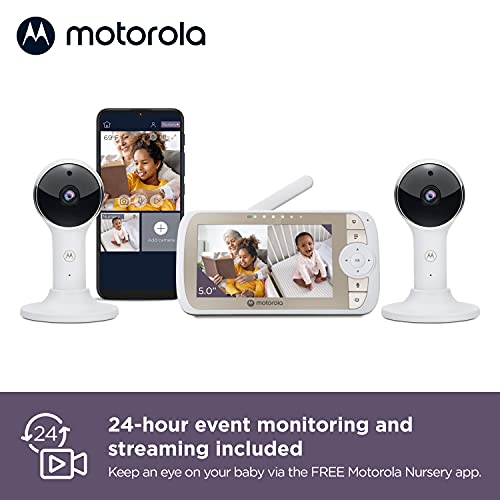 Motorola Baby Monitor VM65-5 WiFi Video Baby Monitor with 2 Cameras HD 1080p, Connects to Smart Phone App, 1000ft Long Range, 2-Way Audio, Remote Pan-Tilt-Zoom, Room Temp, Lullabies, Night Vision