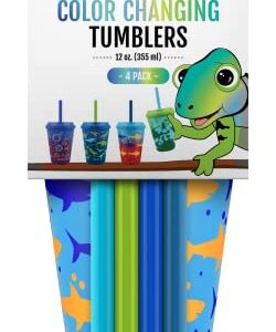 Ello Kids Plastic Reusable Color Changing Cups with Twist on Splash-Proof Lids and Straw, BPA Free, Dishwasher Safe, 12oz, Rainforest, 4 Pack