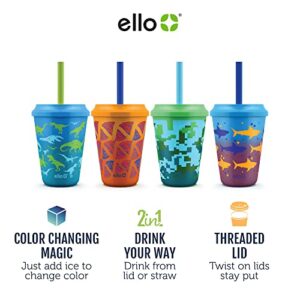 Ello Kids Plastic Reusable Color Changing Cups with Twist on Splash-Proof Lids and Straw, BPA Free, Dishwasher Safe, 12oz, Rainforest, 4 Pack