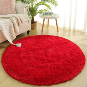 chicrug fluffy cute red round area rugs for girls bedroom, 4x4 feet shaggy circle area rug for living room, soft fuzzy carpets for princess room, cute rug kids circular playmats for baby nursery home