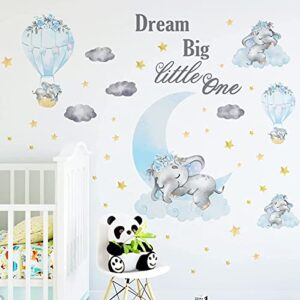 large blue baby boy elephant wall decal, mykasen cute five elephant dream big little one wall stickers watercolor grey cloud gold star, removable nursery wall decor for kids bedroom living room