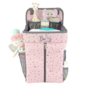 llama bella hanging diaper caddy - baby diaper organizer for changing table - diaper stacker for crib, playard or wall - newborn diaper holder (pink)