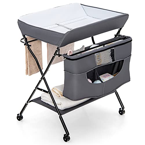 Costzon Portable Baby Changing Table, Height Adjustable Mobile Nursery Station with Waterproof Surface, Safety Belt, Lockable Wheels, Large Storage, Folding Diaper Station for Newborn Infant (Grey)