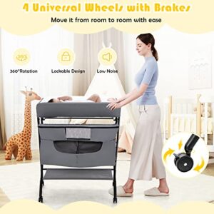 Costzon Portable Baby Changing Table, Height Adjustable Mobile Nursery Station with Waterproof Surface, Safety Belt, Lockable Wheels, Large Storage, Folding Diaper Station for Newborn Infant (Grey)