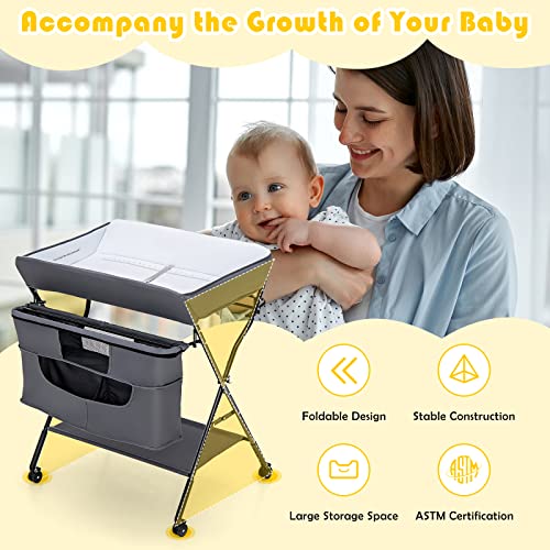 Costzon Portable Baby Changing Table, Height Adjustable Mobile Nursery Station with Waterproof Surface, Safety Belt, Lockable Wheels, Large Storage, Folding Diaper Station for Newborn Infant (Grey)