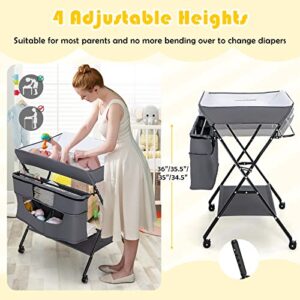 Costzon Portable Baby Changing Table, Height Adjustable Mobile Nursery Station with Waterproof Surface, Safety Belt, Lockable Wheels, Large Storage, Folding Diaper Station for Newborn Infant (Grey)