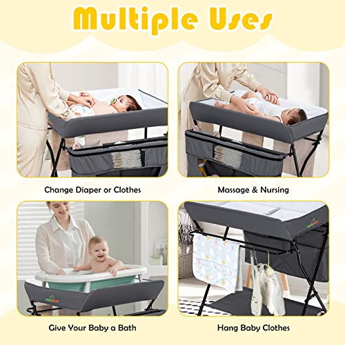 Costzon Portable Baby Changing Table, Height Adjustable Mobile Nursery Station with Waterproof Surface, Safety Belt, Lockable Wheels, Large Storage, Folding Diaper Station for Newborn Infant (Grey)