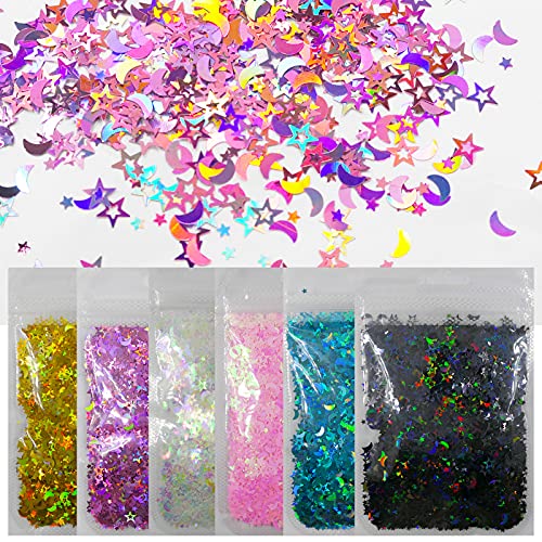 LoveOurHome 6 Colors Star Moon Chunky Glitter Flakes Resin Epoxy Accessories Holographic Black Blue Stars Glitters Confetti Crafts Sequins Decor for Nail Art/Slime/Makeup/Jewelry Making