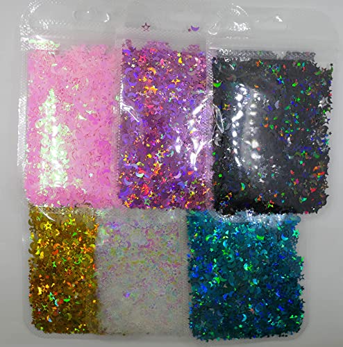 LoveOurHome 6 Colors Star Moon Chunky Glitter Flakes Resin Epoxy Accessories Holographic Black Blue Stars Glitters Confetti Crafts Sequins Decor for Nail Art/Slime/Makeup/Jewelry Making