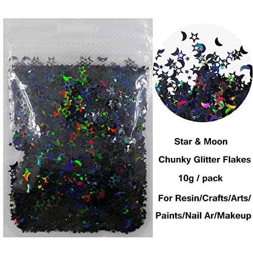 LoveOurHome 6 Colors Star Moon Chunky Glitter Flakes Resin Epoxy Accessories Holographic Black Blue Stars Glitters Confetti Crafts Sequins Decor for Nail Art/Slime/Makeup/Jewelry Making