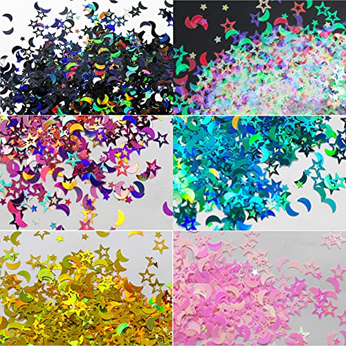 LoveOurHome 6 Colors Star Moon Chunky Glitter Flakes Resin Epoxy Accessories Holographic Black Blue Stars Glitters Confetti Crafts Sequins Decor for Nail Art/Slime/Makeup/Jewelry Making