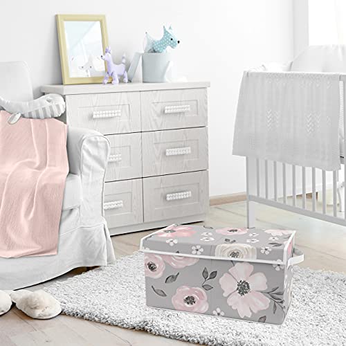 Sweet Jojo Designs Grey Watercolor Floral Girl Small Fabric Toy Bin Storage Box Chest For Baby Nursery or Kids Room - Blush Pink Gray and White Shabby Chic Rose Flower Farmhouse