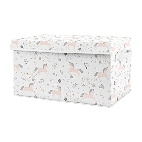 Sweet Jojo Designs Unicorn Girl Small Fabric Toy Bin Storage Box Chest For Baby Nursery or Kids Room - Blush Pink Grey and Gold Flowers and Stars