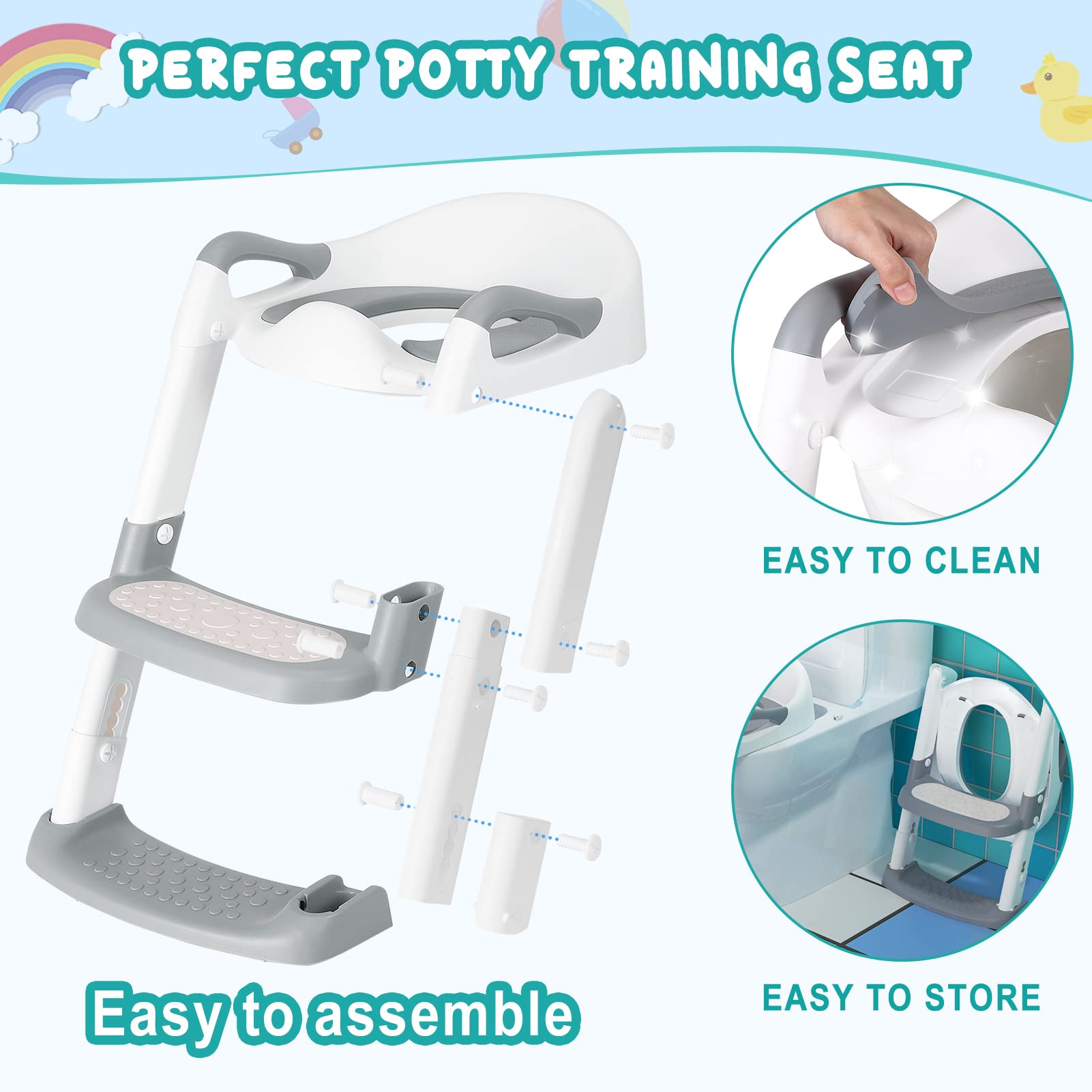 Potty Training Toilet Seat for Kids with Step Stool Ladder, Toddler Potty Toilet Seat for Boys Girls with Anti-Slip Design, Foldable Toddler Toilet Potty Chair, Super Sturdy (Grey)