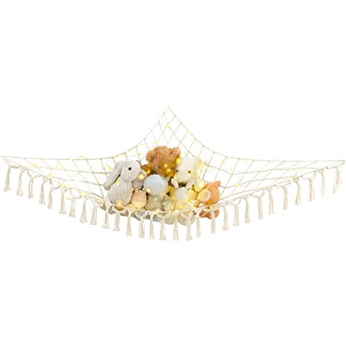 Mkono Stuffed Animal Hammock Boho Toy Storage Organizer Hanging Stuff Animals Net Holder with Decorative Tassels and Lights Large Corner Plush Toys Display Hammock for Nursery Kid Room Playroom, Ivory