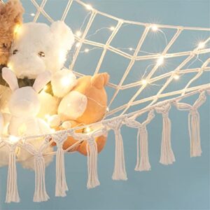 Mkono Stuffed Animal Hammock Boho Toy Storage Organizer Hanging Stuff Animals Net Holder with Decorative Tassels and Lights Large Corner Plush Toys Display Hammock for Nursery Kid Room Playroom, Ivory