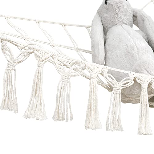 Mkono Stuffed Animal Hammock Boho Toy Storage Organizer Hanging Stuff Animals Net Holder with Decorative Tassels and Lights Large Corner Plush Toys Display Hammock for Nursery Kid Room Playroom, Ivory