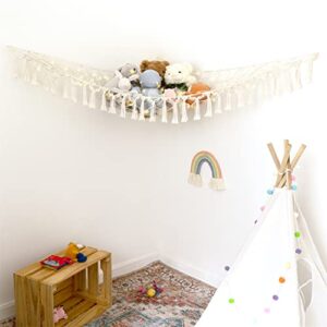 Mkono Stuffed Animal Hammock Boho Toy Storage Organizer Hanging Stuff Animals Net Holder with Decorative Tassels and Lights Large Corner Plush Toys Display Hammock for Nursery Kid Room Playroom, Ivory