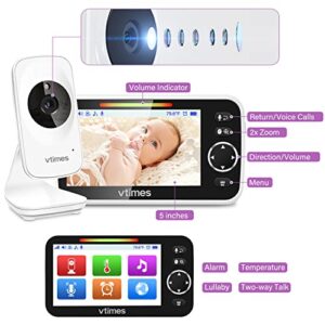 VTimes Baby Monitor Video Baby Monitor with Camera and Audio No WiFi 5" LCD Screen, Two-Way Audio, Night Vision,1000ft Range, 2X Zoom Temperature Display, Lullaby Elderly Pet