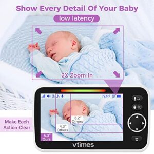 VTimes Baby Monitor Video Baby Monitor with Camera and Audio No WiFi 5" LCD Screen, Two-Way Audio, Night Vision,1000ft Range, 2X Zoom Temperature Display, Lullaby Elderly Pet