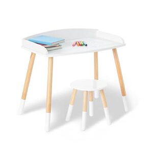 wildkin kids modern study desk and stool set for boys and girls, includes one matching stool, classic timeless design features panel edges on tabletop and solid wood legs (white w/ natural)