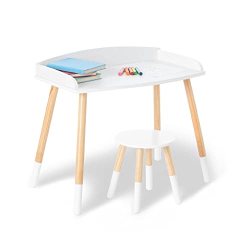 Wildkin Kids Modern Study Desk and Stool Set for Boys and Girls, Includes One Matching Stool, Classic Timeless Design Features Panel Edges on Tabletop and Solid Wood Legs (White w/ Natural)