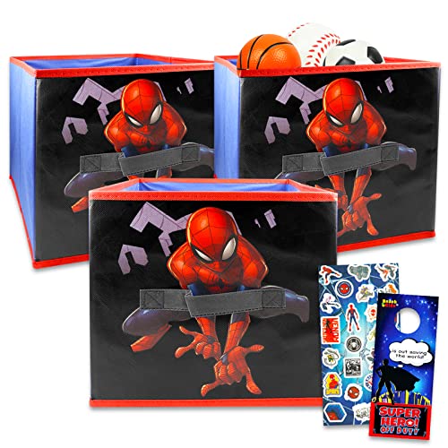 Marvel Spider-Man Storage Bin 3 Pack ~ Room Accessories Bundle | Spiderman Storage Boxes for Kids Room Organization with 300 Spiderman Stickers and More (Marvel Room Decor)