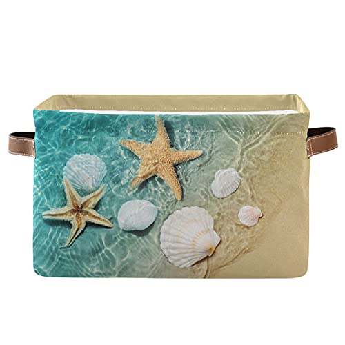 MNSRUU Storage Basket Cool Starfish Shell Beach Collapsible Organizer Basket with PU Handles, Waterproof Nursery Storage Bin，1 Pack