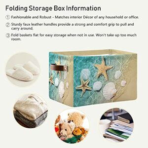 MNSRUU Storage Basket Cool Starfish Shell Beach Collapsible Organizer Basket with PU Handles, Waterproof Nursery Storage Bin，1 Pack