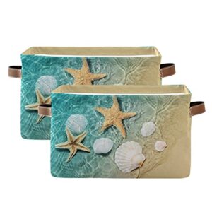 MNSRUU Storage Basket Cool Starfish Shell Beach Collapsible Organizer Basket with PU Handles, Waterproof Nursery Storage Bin，1 Pack