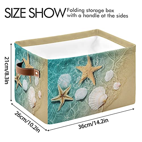 MNSRUU Storage Basket Cool Starfish Shell Beach Collapsible Organizer Basket with PU Handles, Waterproof Nursery Storage Bin，1 Pack