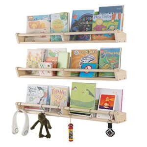 nursery bookshelves, 33inch,set of 3,floating nursery shelves with 6 s hooks, wooden floating shelves for baby nursery room decor, kitchen spice rack, bathroom pine