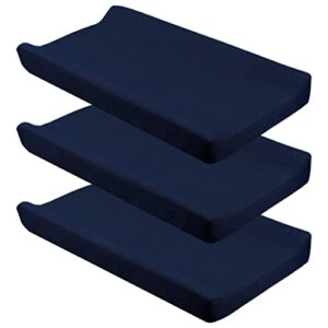 casaja navy diaper changing pad cover with strap holes set of 3, snug fit 4-sided contoured changing table pad 16x31 16x32, fitted change pad sheet for baby boy, 100% silky soft microfiber