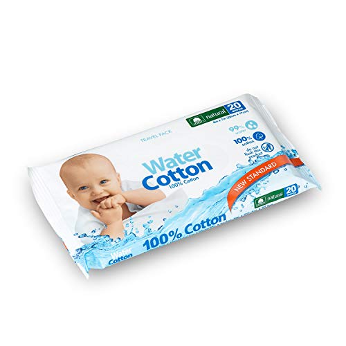 Water Cotton Baby Wipes 100% Cotton Biodegradable Travel 3-Pack Of 20 Wipes Baby Safe Sweet Almond Oil, Panthenol White