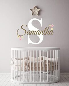 cutedecals custom name and initial with flowers wall decal - personalized & art mural girls decor stickers for nursery bedroom decoration (mini wide 16 inchx10 inch height)