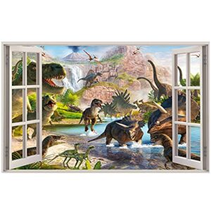 3D Watercolour Dinosaur World Fake Windows Wall Sticker,Peel and Stick Removable Decals for Kids Nursery Bedroom Playroom Living Room Decoration（27.55"x17.32"）