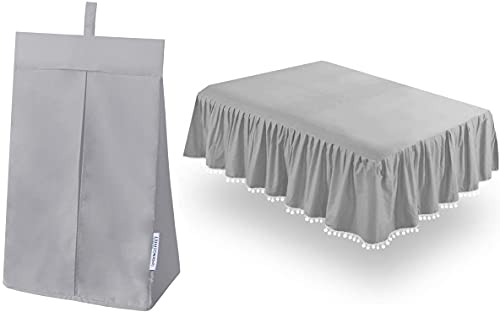 SPRINGSPIRIT Crib Skirt with Lovely Pompoms & Diaper Organizer Hanging Diaper Stacker Light Grey