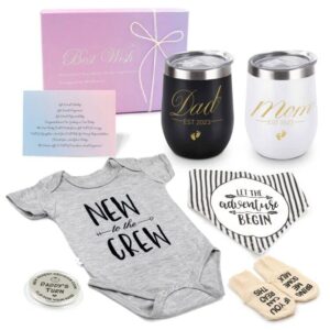 pregnancy gifts for first time moms, new parents gifts mom and dad wine tumbler with lid baby onesie socks drool bib decision coin, idea for baby shower, gender reveal(est 2023)