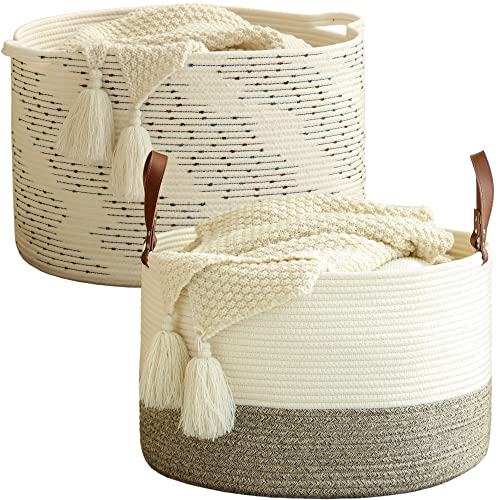 KAKAMAY Large Cotton Rope Blanket Basket (20"x13"),Woven Baby Laundry Hamper，Blanket Basket for Nursery, Laundry, Living Room, Pillows, Toys with Handles （White）